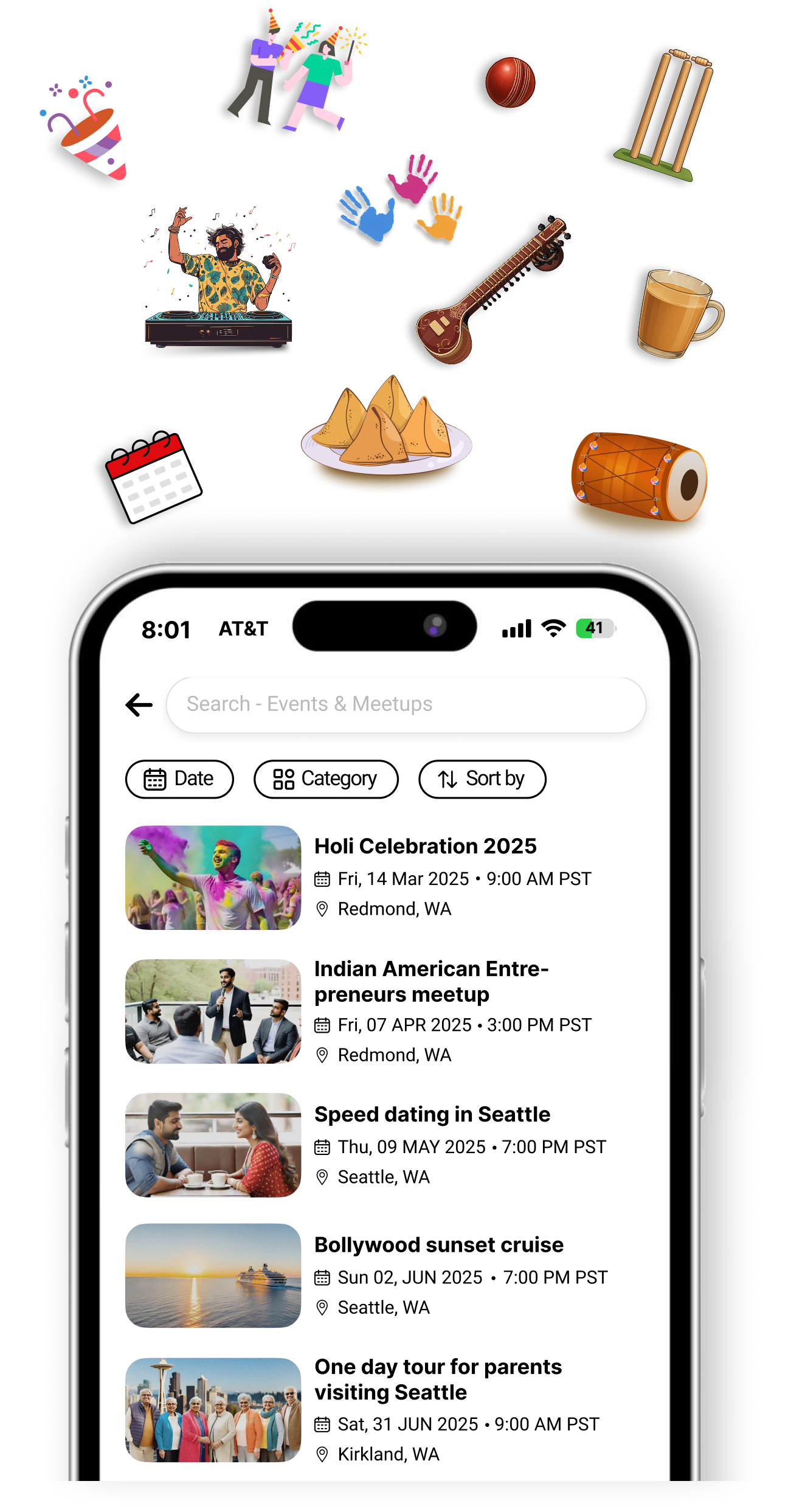 Events & Meetups showing phone interface with various cultural events including Holi Celebration 2025, Indian American Entrepreneurs meetup, Speed dating in Seattle, Bollywood sunset cruise, and One day tour for parents visiting Seattle