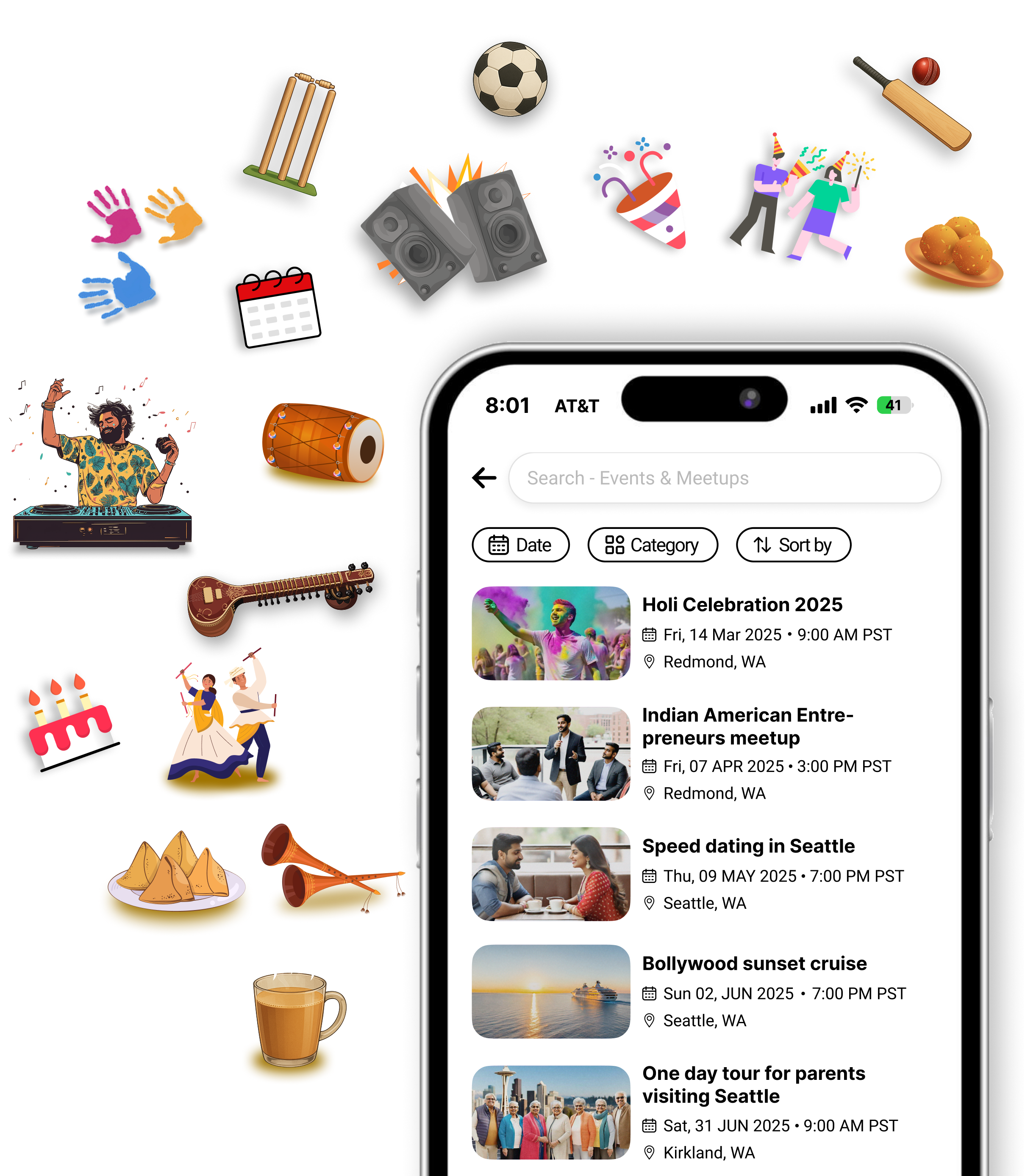 Events & Meetups showing phone interface with various cultural events including Holi Celebration 2025, Indian American Entrepreneurs meetup, Speed dating in Seattle, Bollywood sunset cruise, and One day tour for parents visiting Seattle
