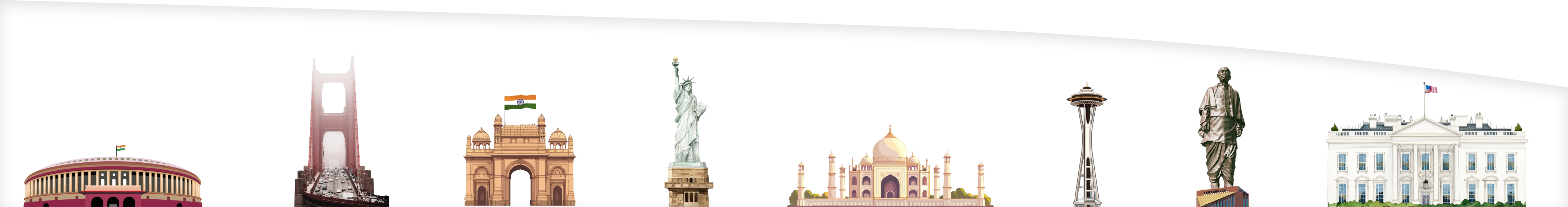 Landmark icons showing Red Fort, Golden Gate Bridge, Gateway of India, Statue of Liberty, Dome of Rock, Taj Mahal, Space Needle, Gandhi statue, and White House